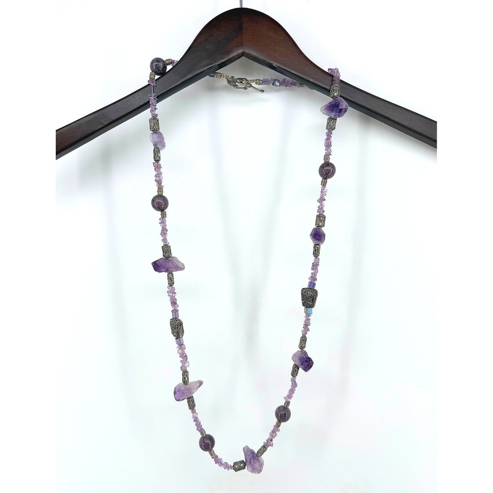 Amethyst Raw‎ Chunk & Chip Beaded Statement Necklace Silver Tone Boho Toggle
